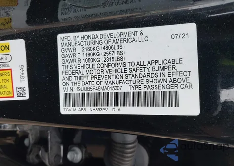 2021 Acura Tlx Technology Package z USA, uszkodzony, nr VIN 19UUB5F45MA015307